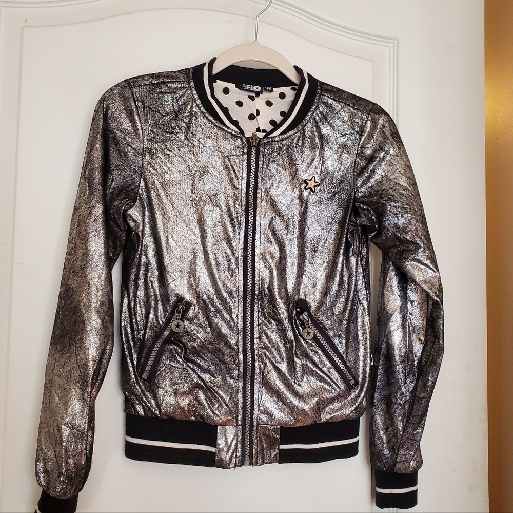 Like Flo Metallic Silver Bomber Jacket sz 12